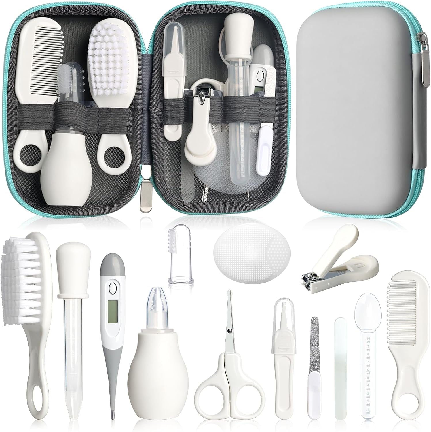 Baby grooming kit for newborns with 14 tools in a portable blue EVA bag, including brush, comb, scissors, and more.