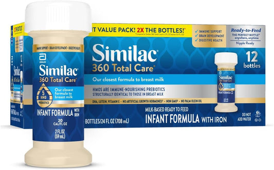 Similac 360 infant formula with prebiotics, ready to feed, 12-pack bottles, supports immune system and brain development.