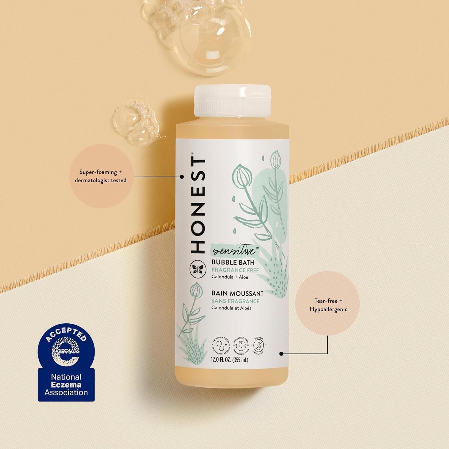 The Honest Company Foaming Bubble Bath Gentle for Baby, Naturally Derived, Tear-Free, Hypoallergenic, Fragrance Free, Sensitive, 12 Fl Oz