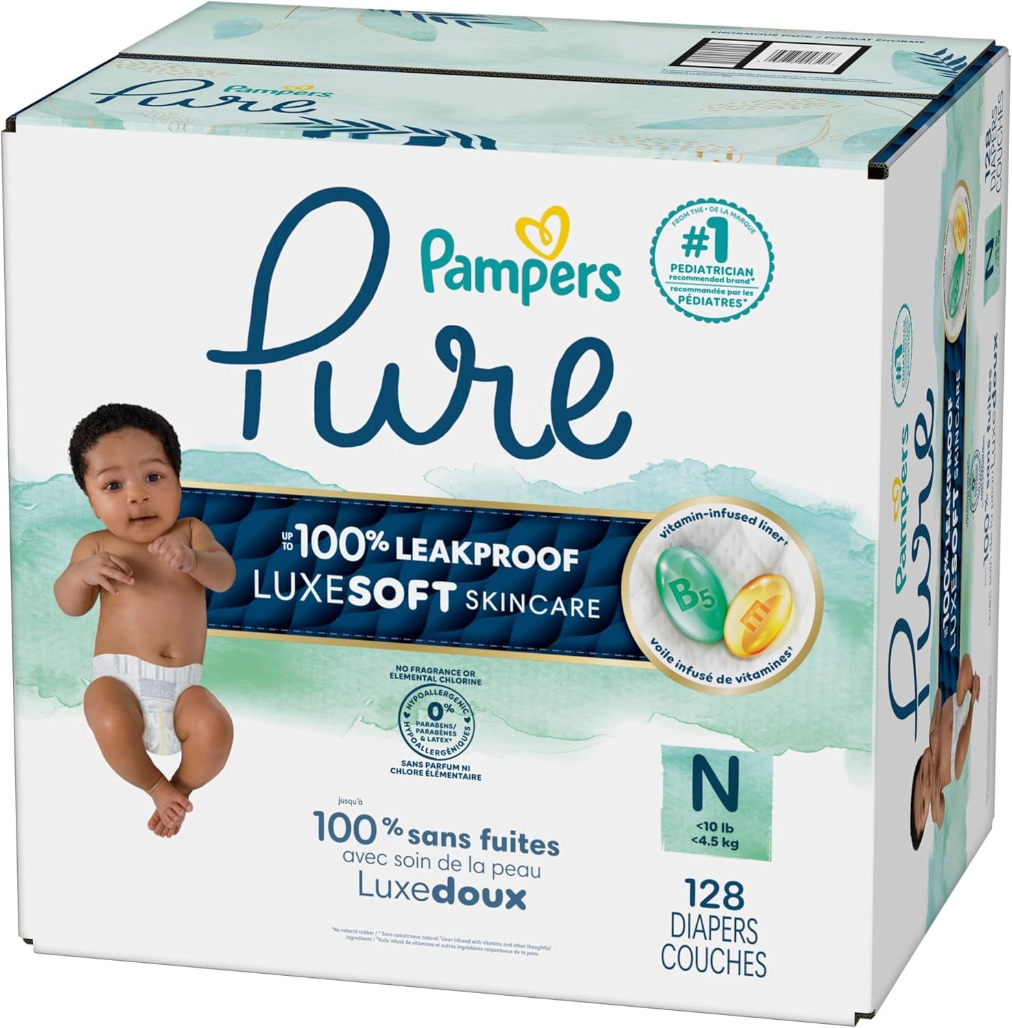 Pampers Pure Baby Diapers, Size 0 (>10 Lbs ), 128, up to 100% Leakproof, Premium Hypoallergenic Soft Diapers