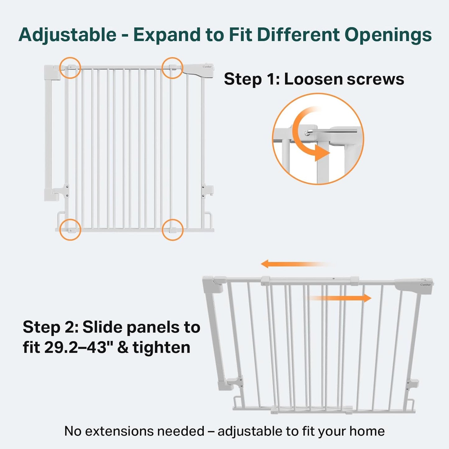 Cumbor 34" Extra Tall No Bottom Bar Baby Gate for Stairs, Hardware Mounted Dog Gate Indoor for Larger Pets, Expandable 29.2-43" Safety Gate for Doorways, Wide Walk Thru Door for Easy Access (White)