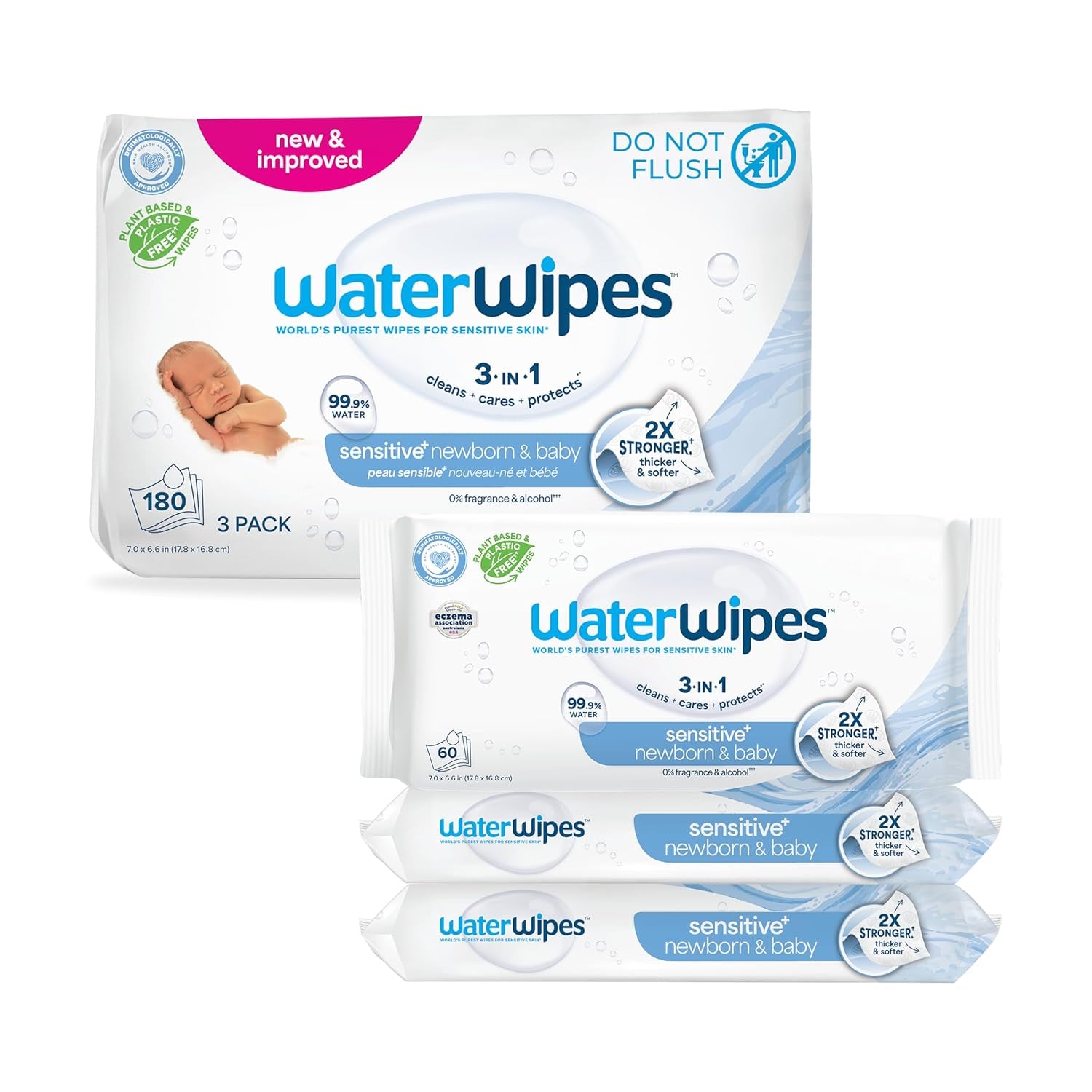 Waterwipes Sensitive+ Newborn & Baby Wipes, 3-In-1 Cleans, Cares, Protects, 99.9% Water, Unscented & Hypoallergenic, 180 Count (3 Packs)
