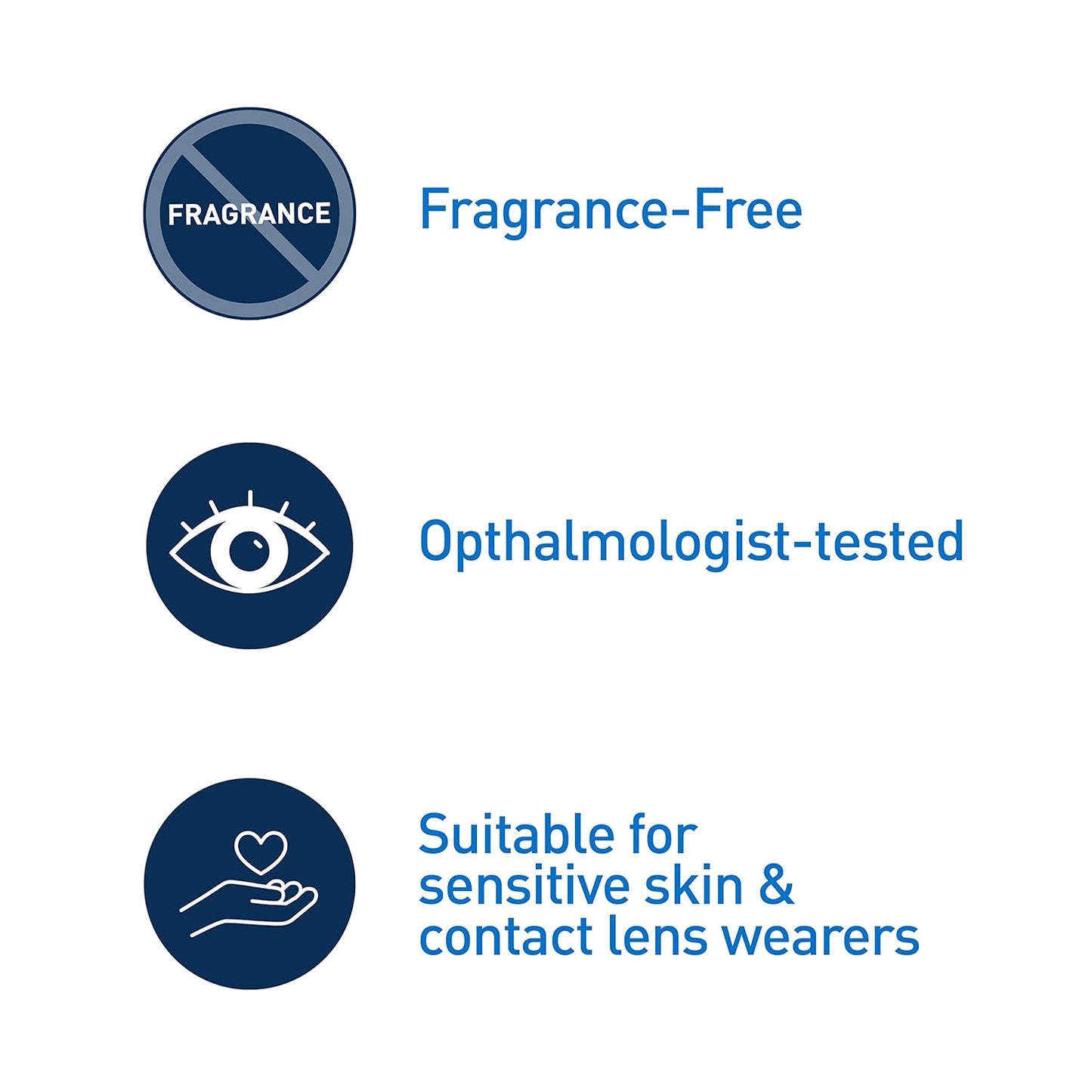 CeraVe waterproof eye makeup remover features: fragrance-free, ophthalmologist-tested, suitable for sensitive skin & contact lens wearers.