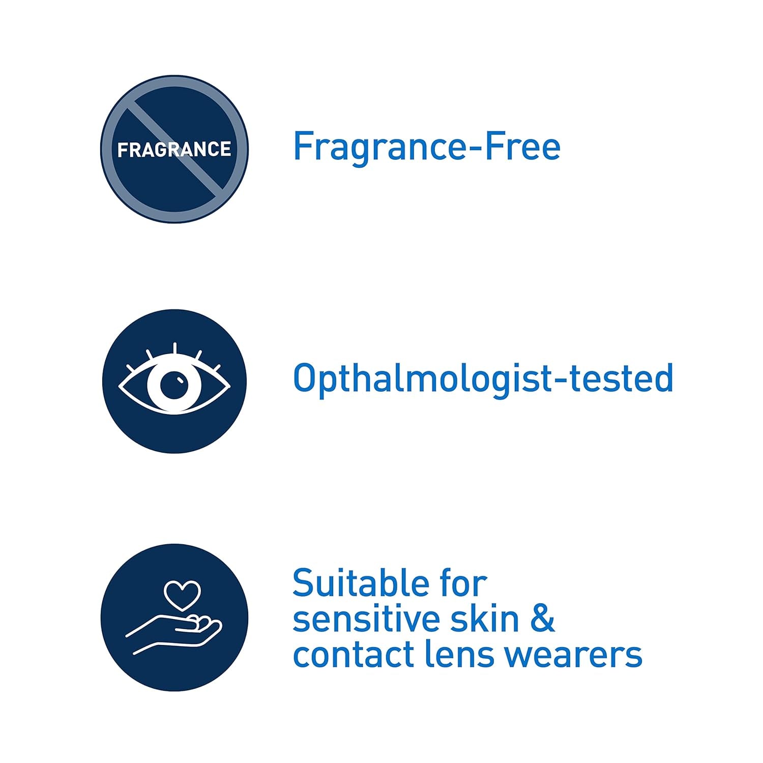 CeraVe waterproof eye makeup remover features: fragrance-free, ophthalmologist-tested, suitable for sensitive skin & contact lens wearers.