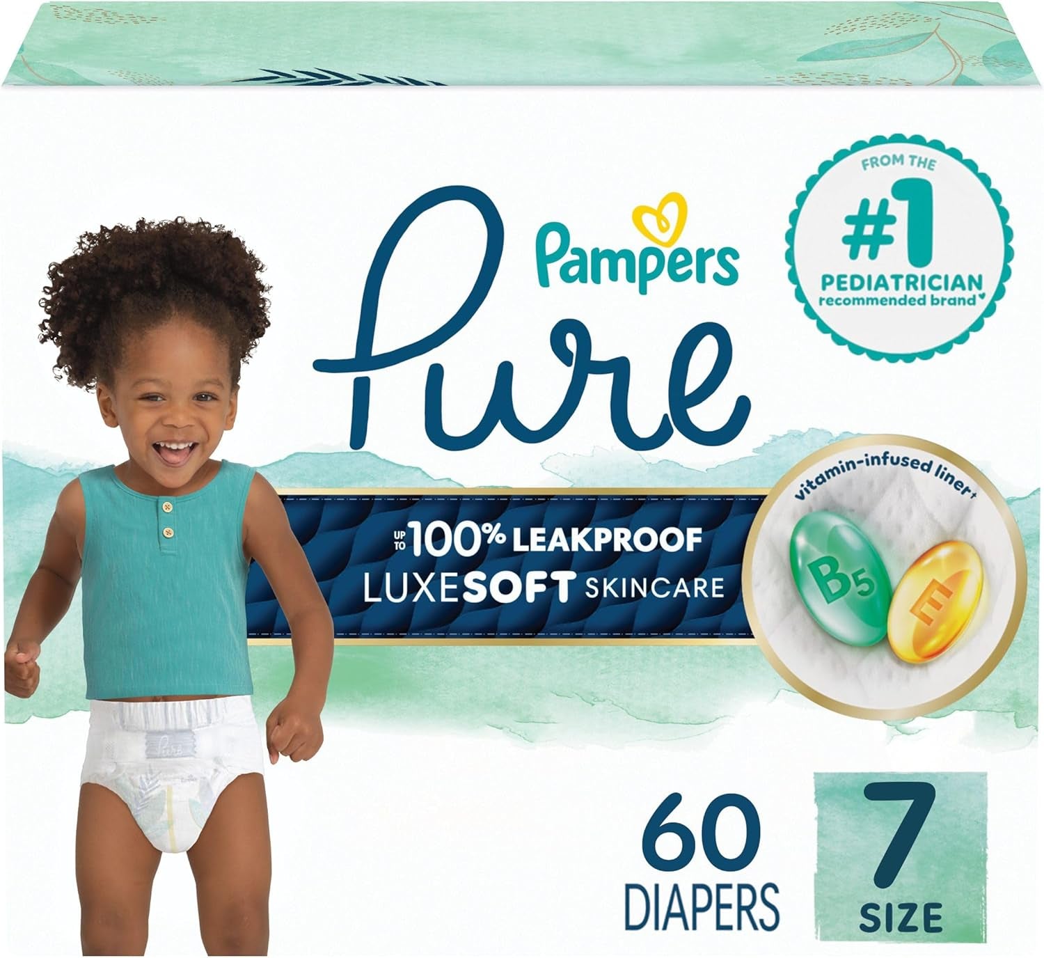 Pampers Baby Diapers - Pure Protection - Size 7, 60 Count, for up to 100% Leakproof, Premium Plant-Based Skin Protection