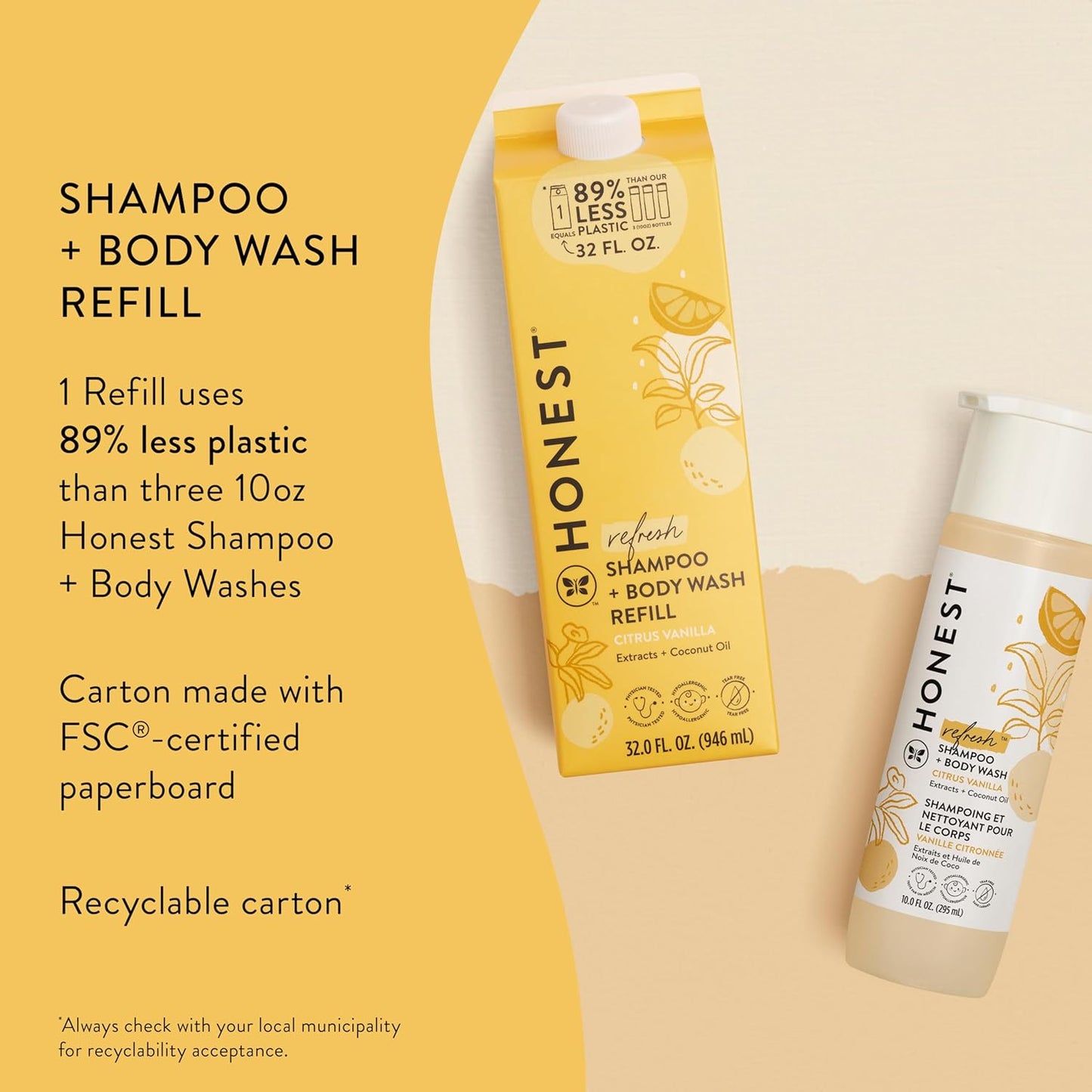 The Honest Company 2-In-1 Cleansing Shampoo Body Wash Refill Carton, Gentle for Baby, Naturally Derived, Tear-Free, Hypoallergenic, Citrus Vanilla Refresh, 32 Fl Oz