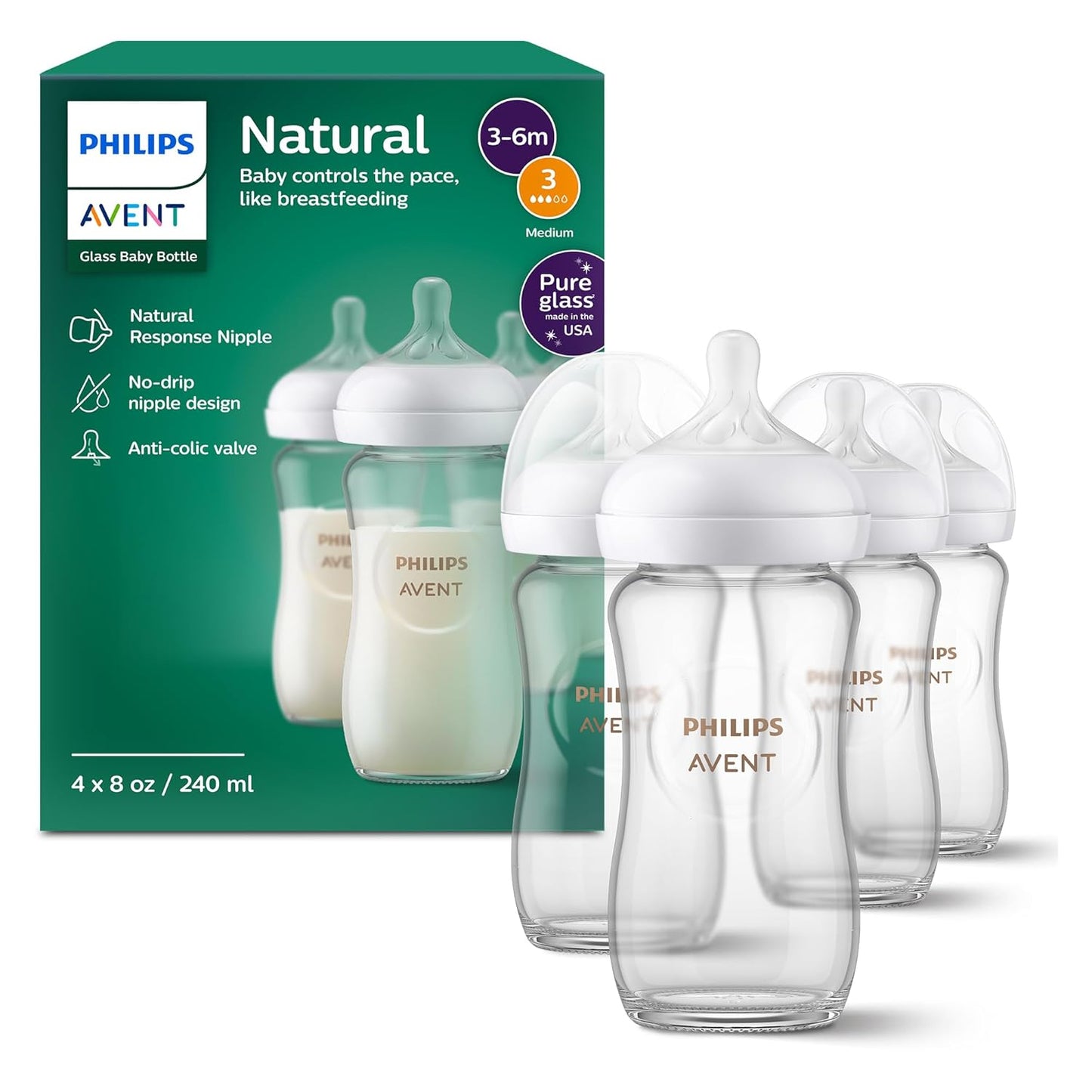 Philips Avent Natural Glass Baby Bottles with Natural Response Nipples (Medium Flow, Flow 3), 8Oz, 4-Pack, SCY913/04