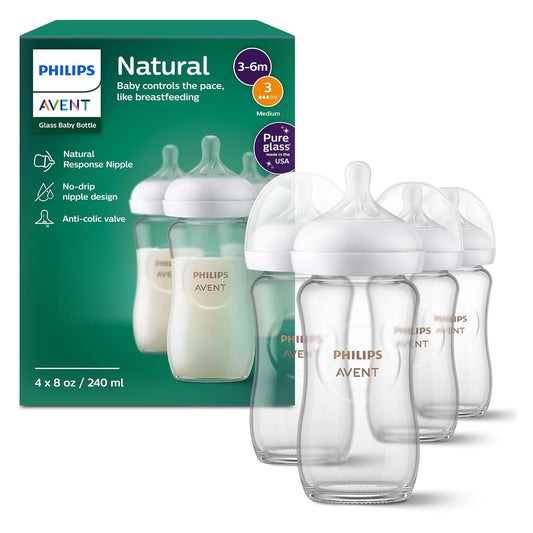 Philips Avent Natural Glass Baby Bottles with Natural Response Nipples (Medium Flow, Flow 3), 8Oz, 4-Pack, SCY913/04