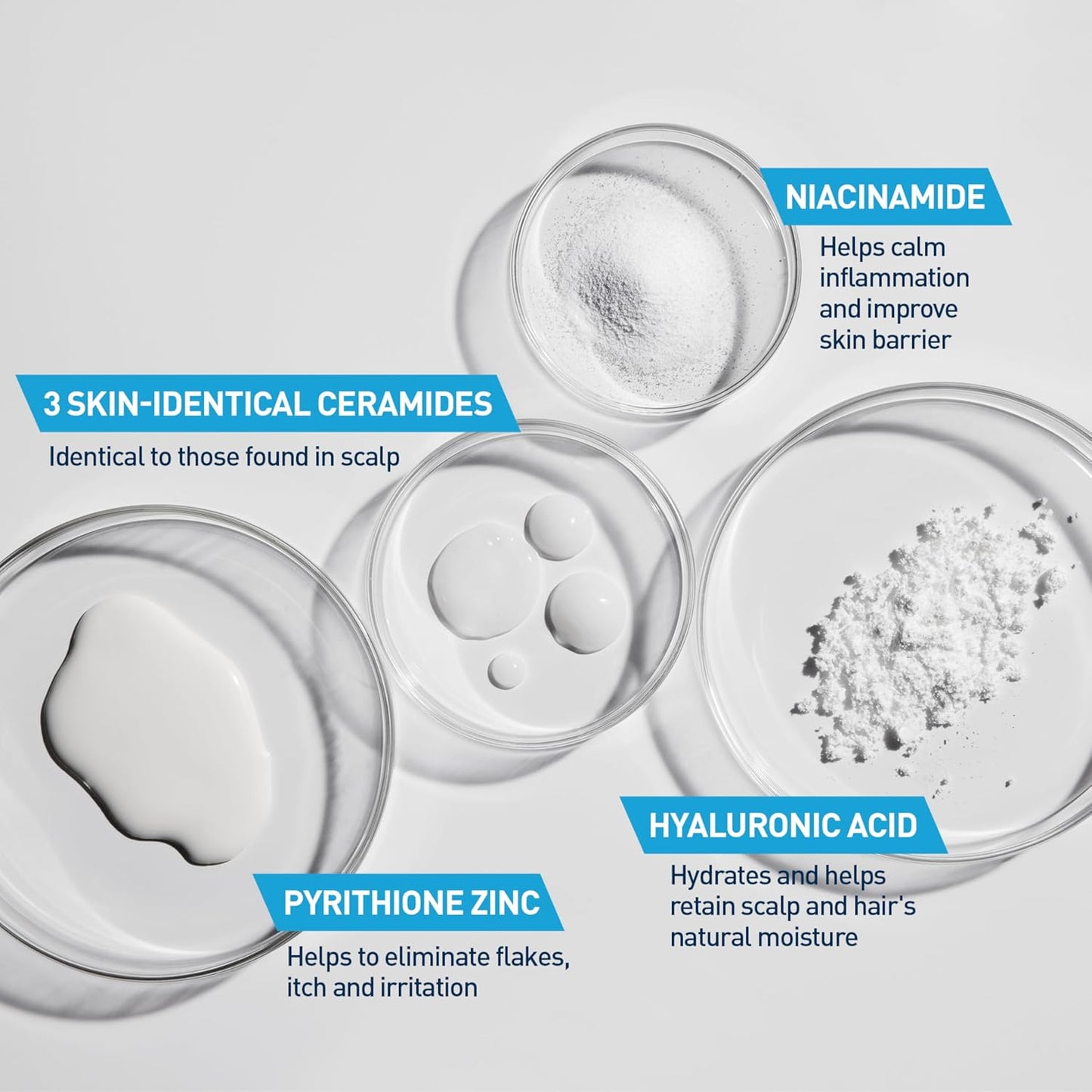 CeraVe anti dandruff shampoo and conditioner ingredients: Pyrithione Zinc, Niacinamide, Ceramides, Hyaluronic Acid.