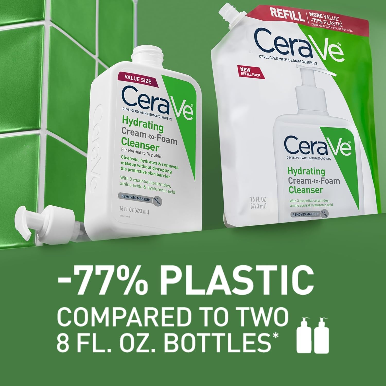 CeraVe hydrating cream to foam cleanser eco refill pouch showcasing 77% less plastic usage compared to standard bottles.