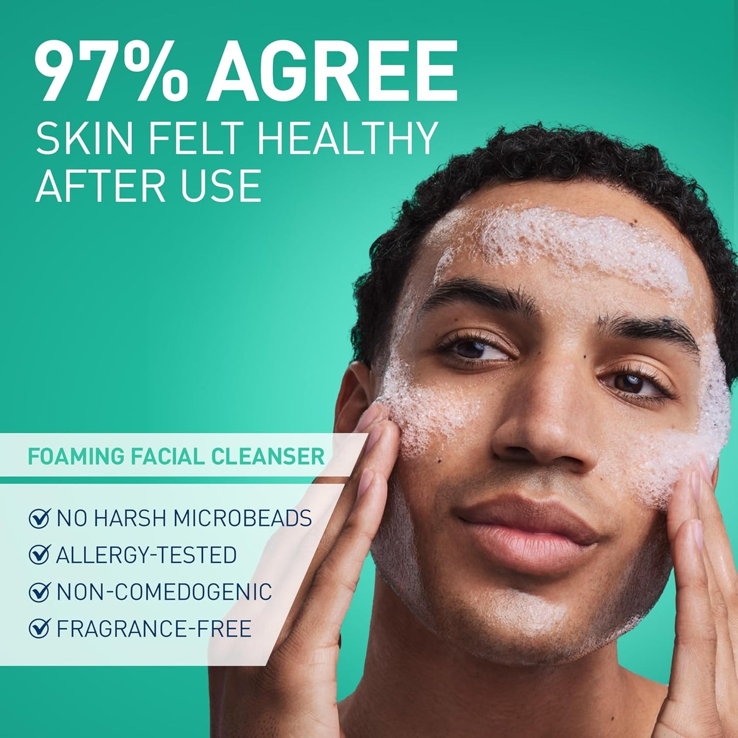 CeraVe foaming cleanser for oily skin being used by a person showing healthy skin after use of the product.