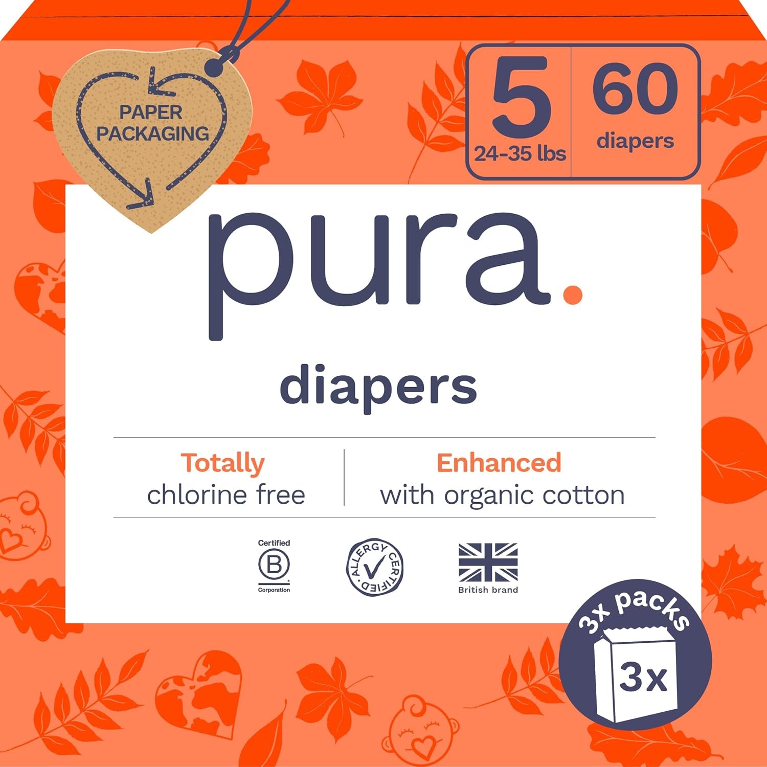Pura Size 5 Eco-Friendly Diapers (24-35 Lbs) Totally Chlorine Free (TCF) Hypoallergenic, Soft Organic Cotton, up to 12 Hours Leak Protection, Allergy UK, 3 Packs of 20 (60 Count)
