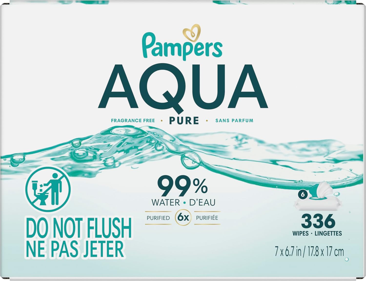 Pampers Aqua Pure Baby Wipes, 99% Water, Fragrance Free, Unscented, Water Based, Multi-Use, 336 Wipes Total (6X Flip-Top Packs) [Packaging May Vary]
