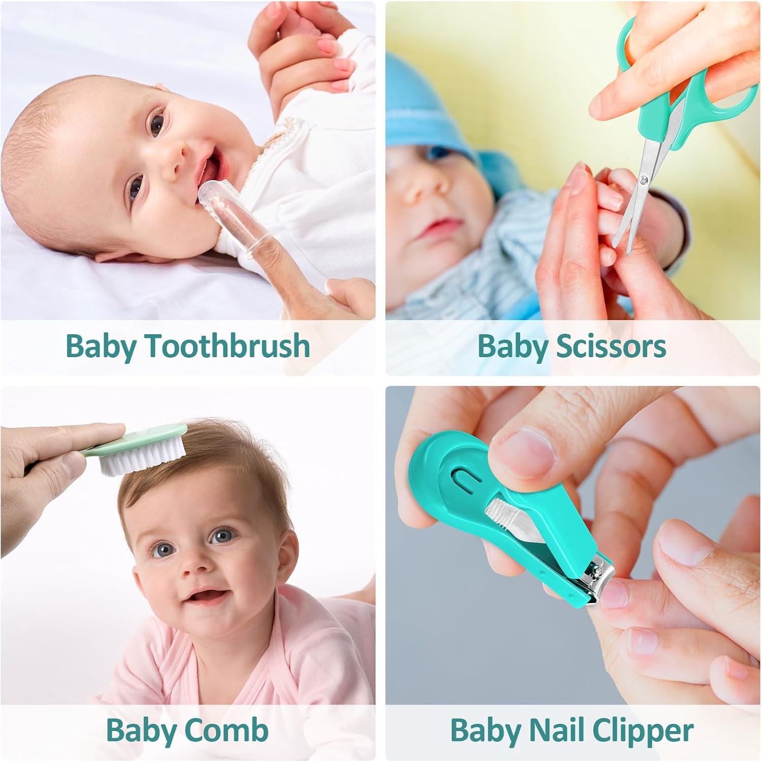 Baby grooming kit essentials including toothbrush, scissors, comb, and nail clipper for infant care.