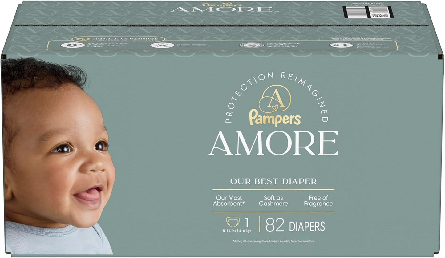 Pampers Amore, Size 1 (8-14 Lbs), 82 Count, Our Best Diaper – Hypoallergenic & Fragrance Free, up to 100% Leakproof, Soft as Cashmere