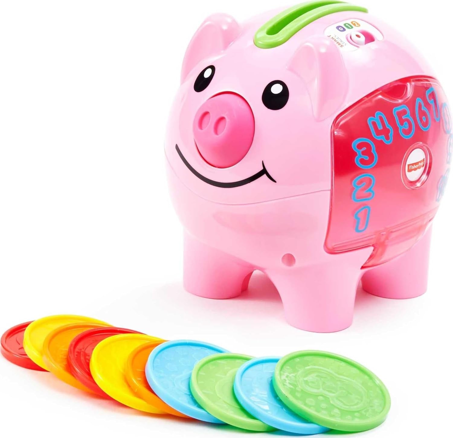 Fisher-Price Smart Stages piggy bank toy with colorful coins for counting and learning.