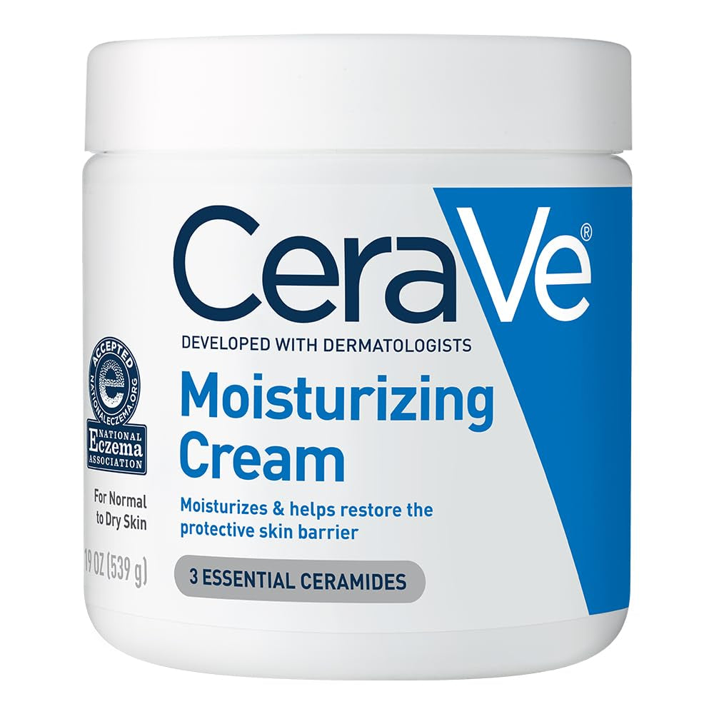 CeraVe fragrance free moisturizing cream 19 oz tub, dermatologically developed for hydration and skin barrier restoration.