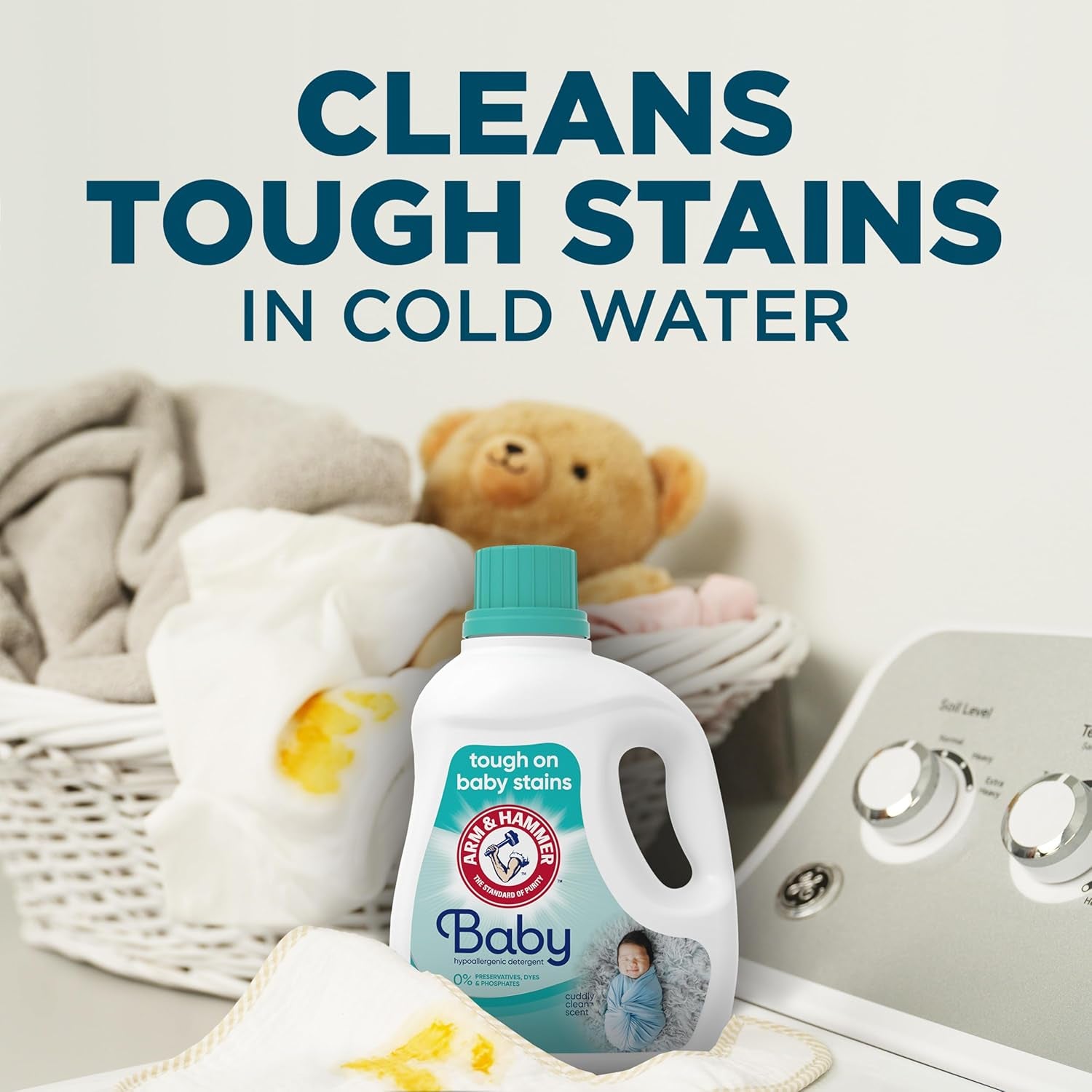 hypoallergenic baby laundry detergent in a bottle, effective for tough baby stains.