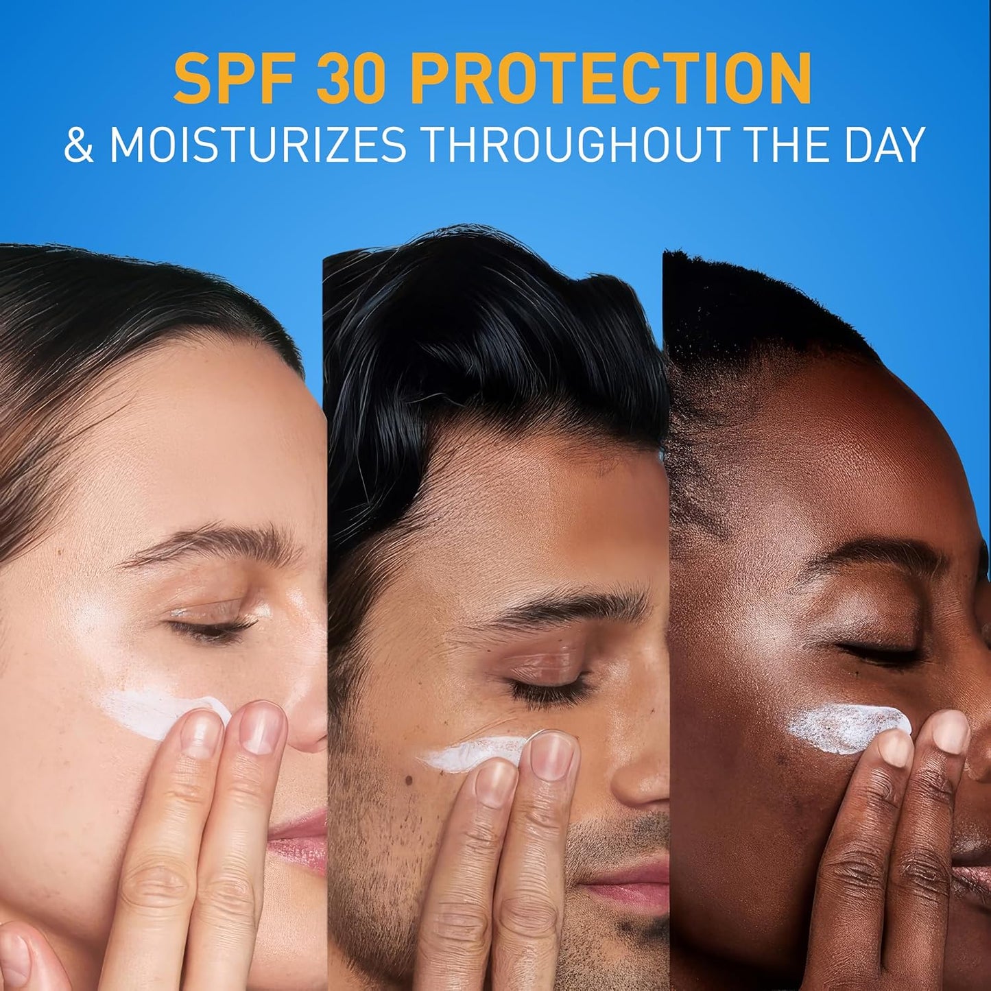 CeraVe AM facial sunscreen SPF 30 shown on diverse skin types, highlighting SPF 30 protection and moisturizing benefits.