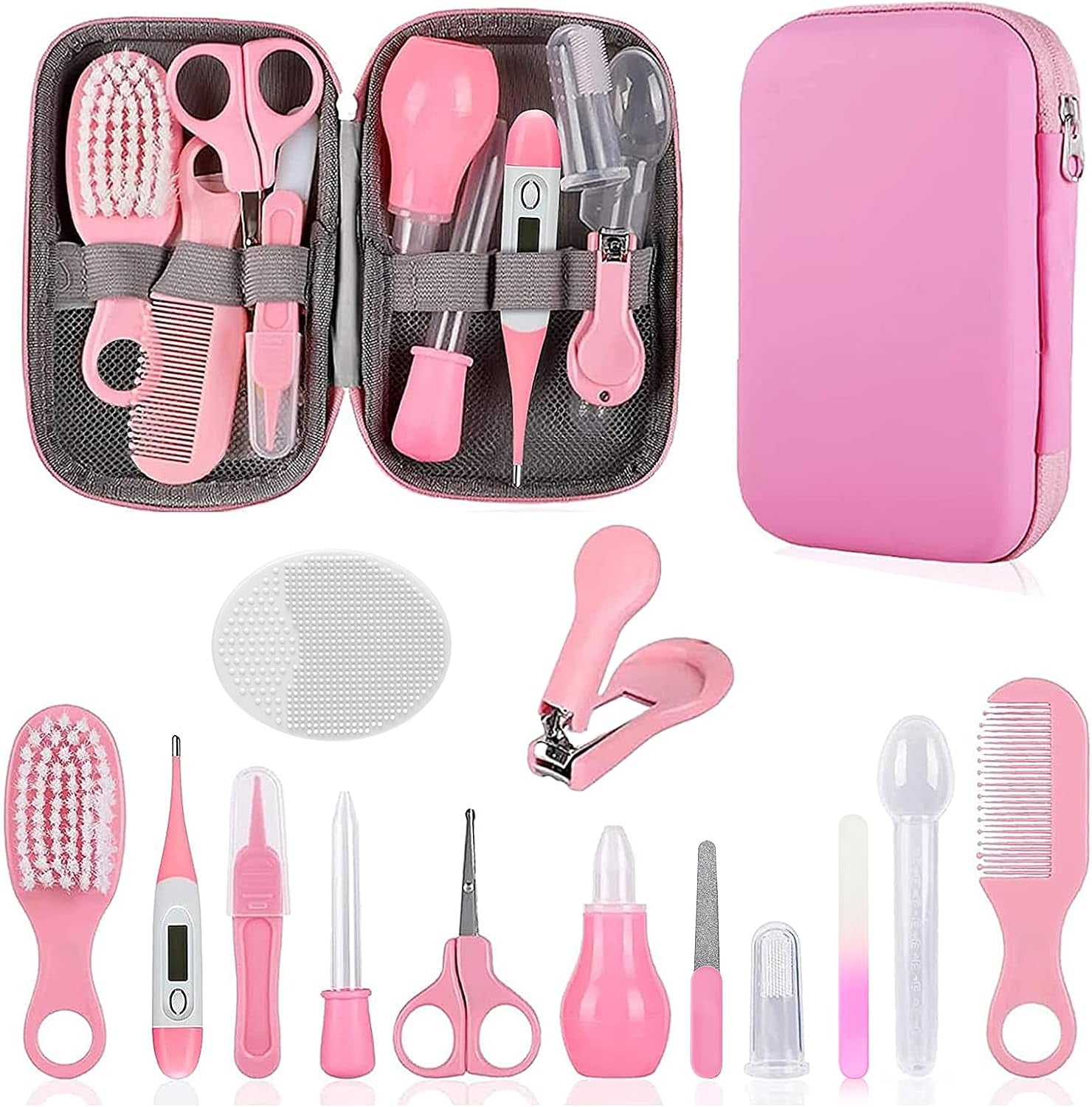 14 in 1 baby grooming kit featuring comb, nail clipper, brush, nasal aspirator, and more, all in a pink case.