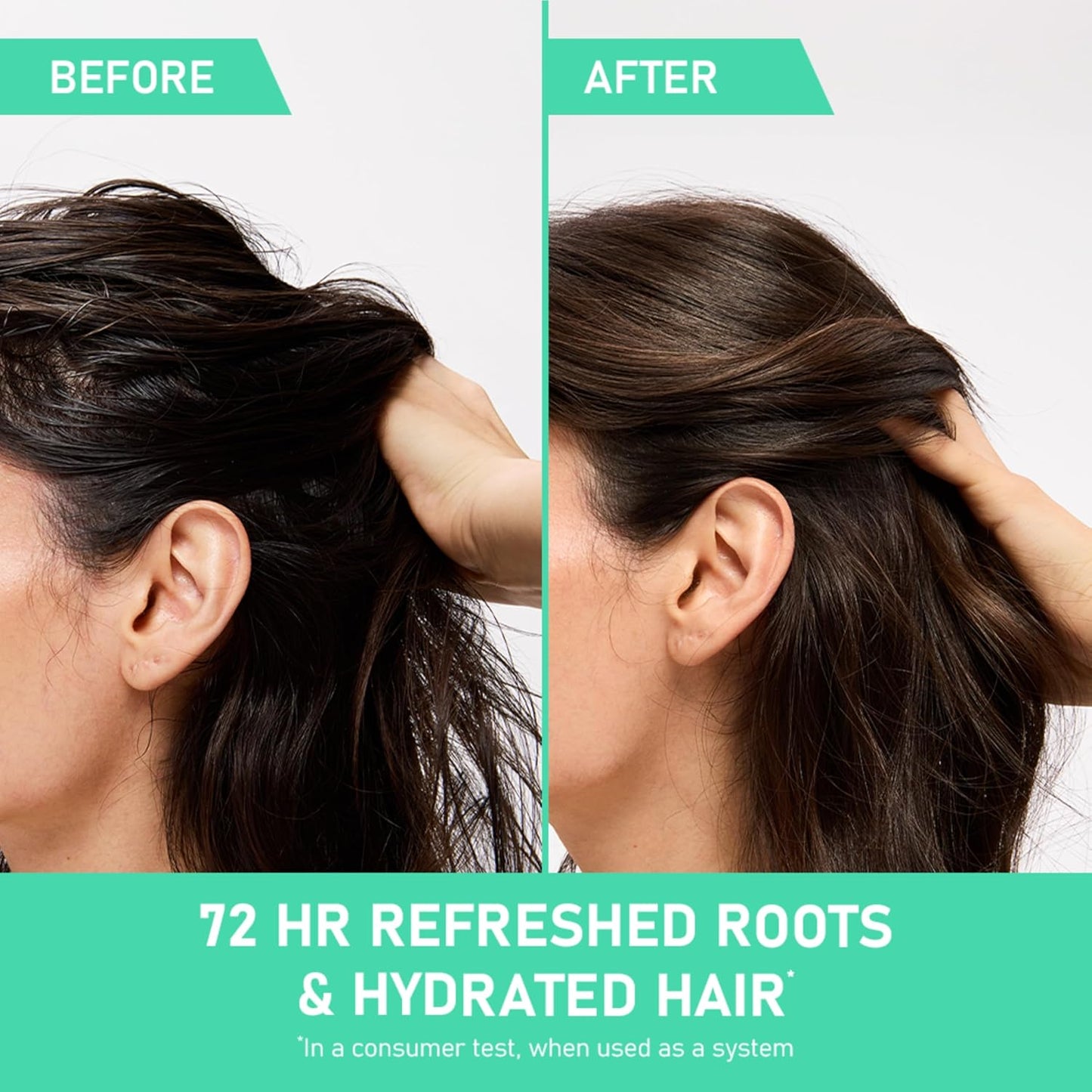 Before and after showing results of CeraVe clarifying shampoo for oily hair with refreshed roots and hydrated hair.