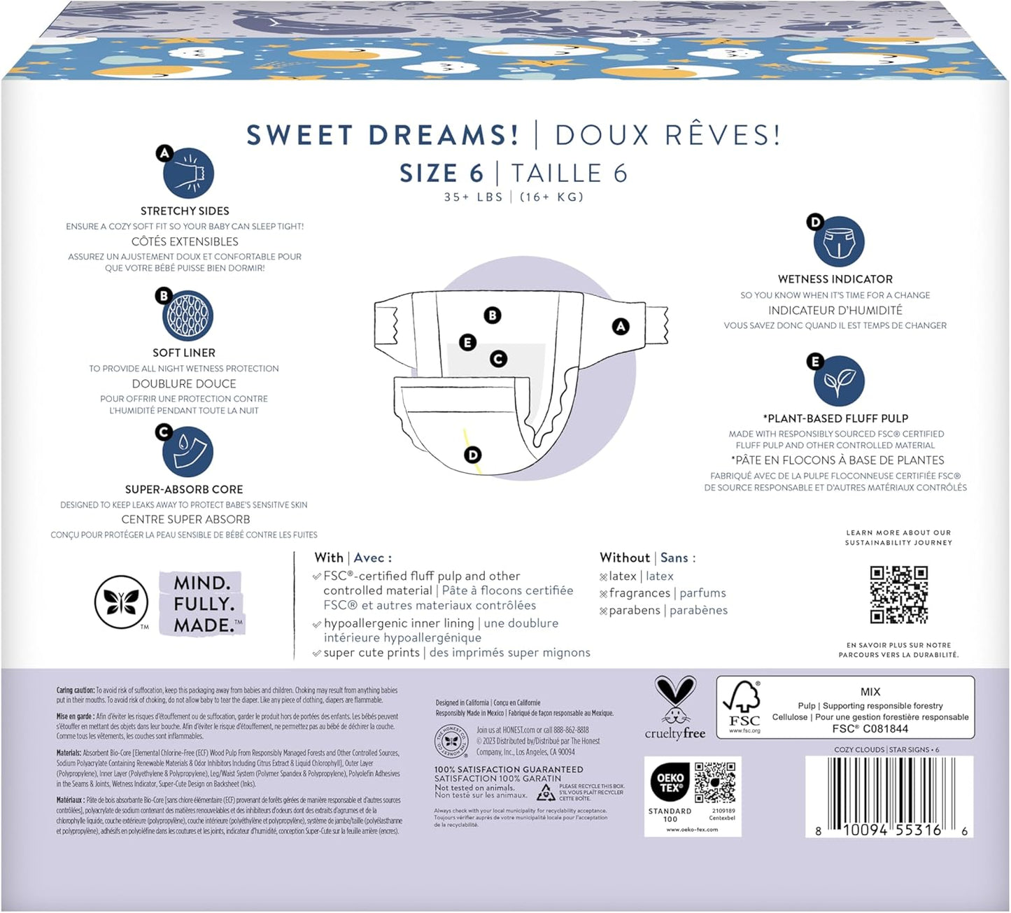 The Honest Company Comfort Dry Overnight Diapers, up to 12 Hours Protection, Hypoallergenic, Fragrance-Free, Cozy Cloud + Star Signs, Club Box Size 6 (35+ Lbs), 34 Count
