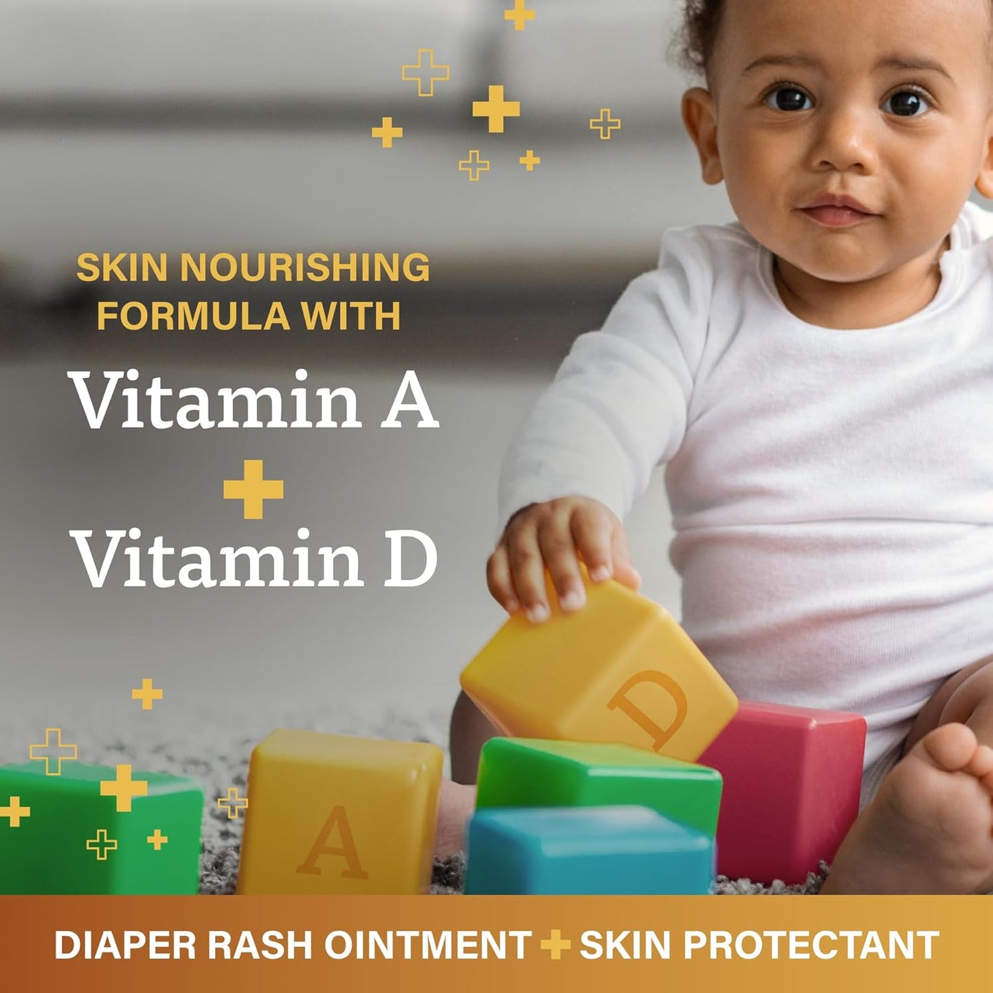 A+D diaper rash ointment packaging featuring skin nourishing formula with Vitamin A and Vitamin D for protection.