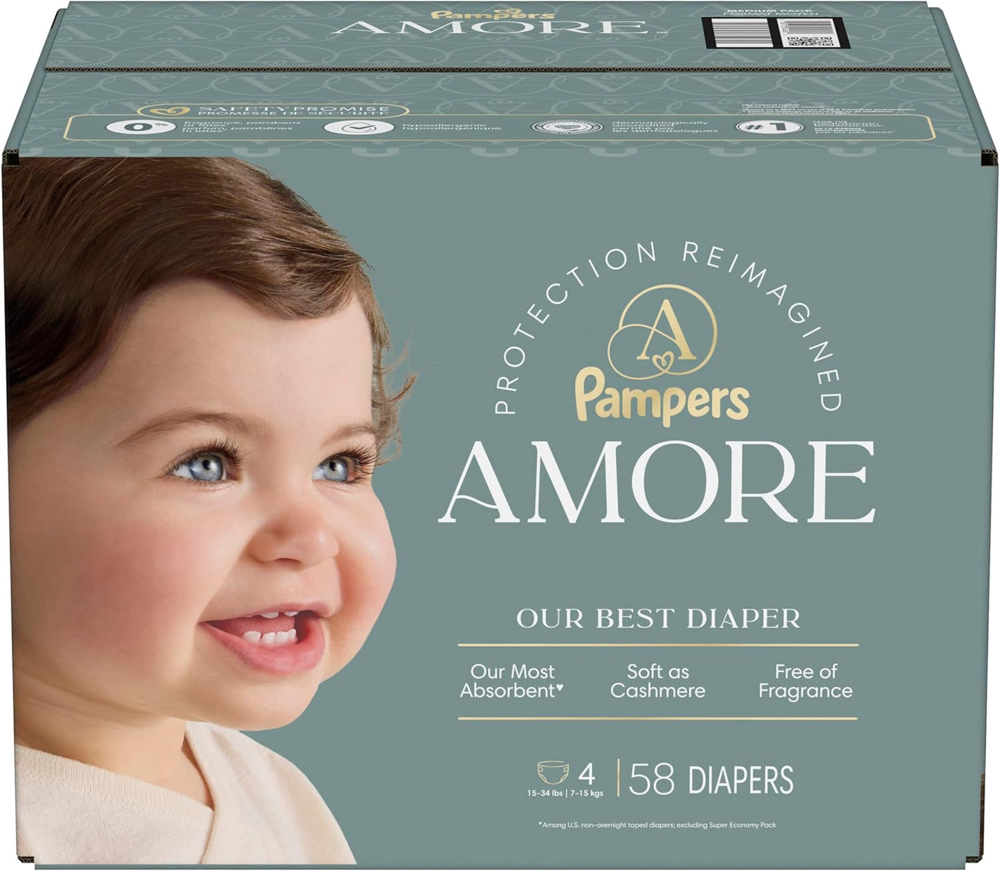 Pampers Amore, Size 4 (15-34 Lbs), 58 Count, Our Best Diaper – Hypoallergenic & Fragrance Free, up to 100% Leakproof, Soft as Cashmere
