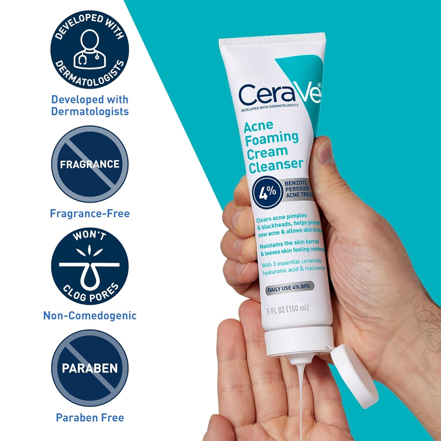 CeraVe Acne Foaming Cream Cleanser 4% Benzoyl Peroxide Acne Face Wash New