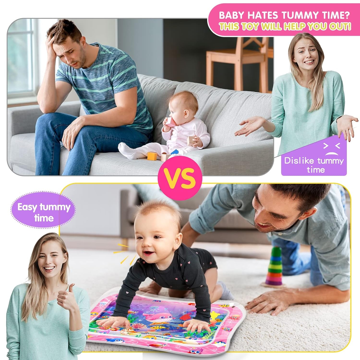 Infinno Tummy Time Mat Premium Baby Water Play Mat for Infants and Toddlers Baby Toys for 3 to 24 Months, Strengthen Your Baby'S Muscles, Pink Theme Toys