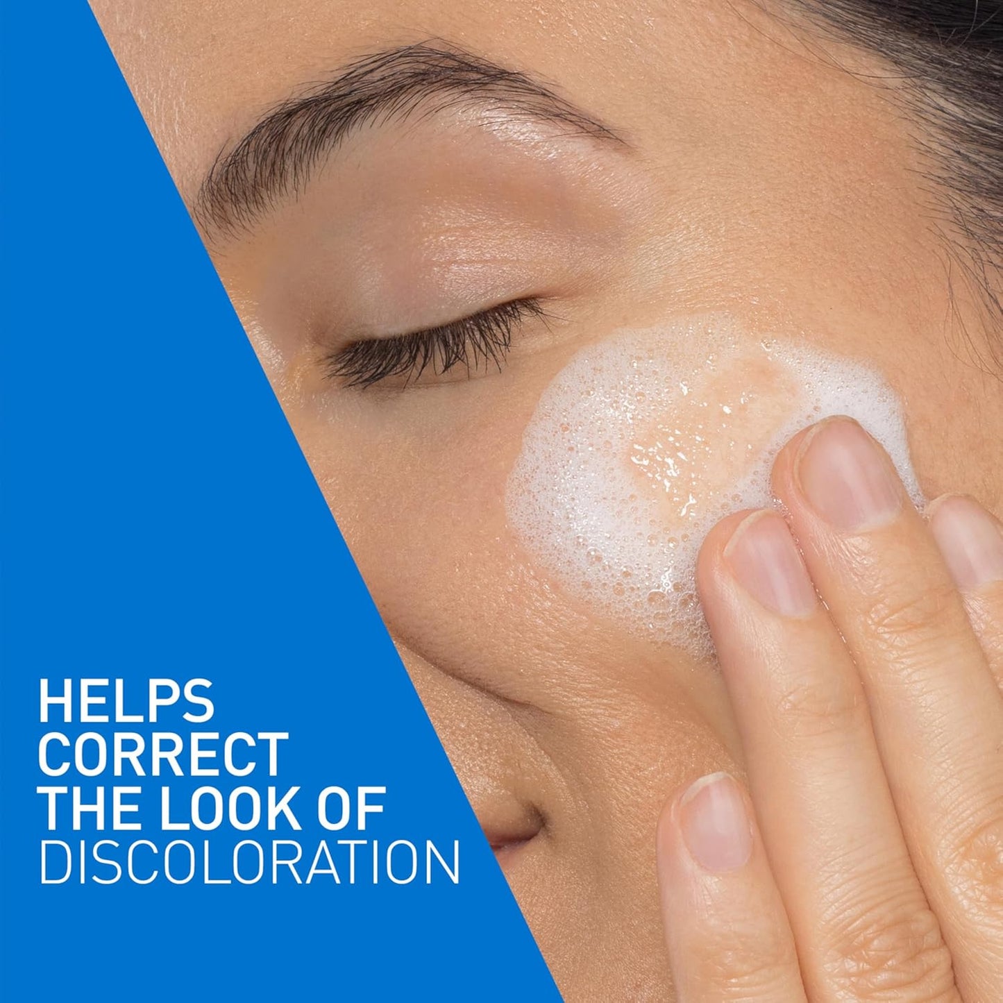 Model using CeraVe Brightening Vitamin C Facial Cleanser to enhance skin radiance and correct discoloration.