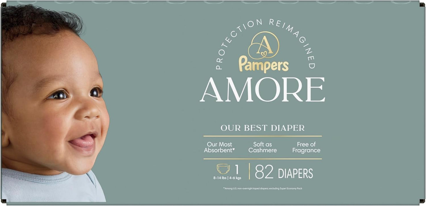 Pampers Amore, Size 1 (8-14 Lbs), 82 Count, Our Best Diaper – Hypoallergenic & Fragrance Free, up to 100% Leakproof, Soft as Cashmere