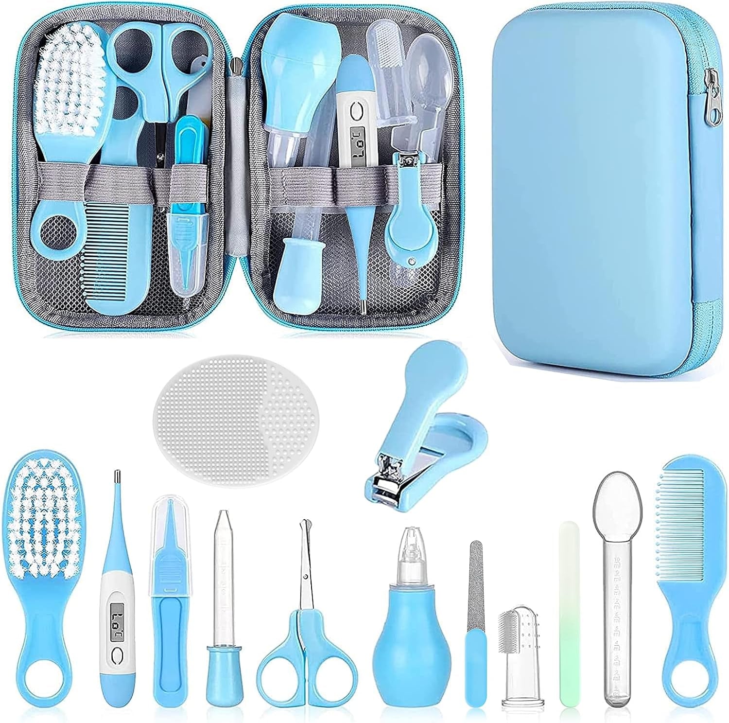 Baby grooming kit for newborns in blue, featuring various grooming tools in a portable case.