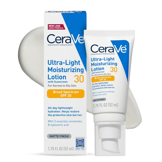 CeraVe Ultra-Light Moisturizing Lotion SPF 30 Daily Face Matte 1.7 oz packaging and product image for hydration.