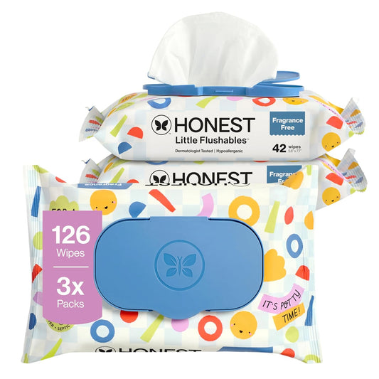 The Honest Company hypoallergenic flushable wipes for toddlers, 126 count, ideal for potty training and on-the-go cleanups.