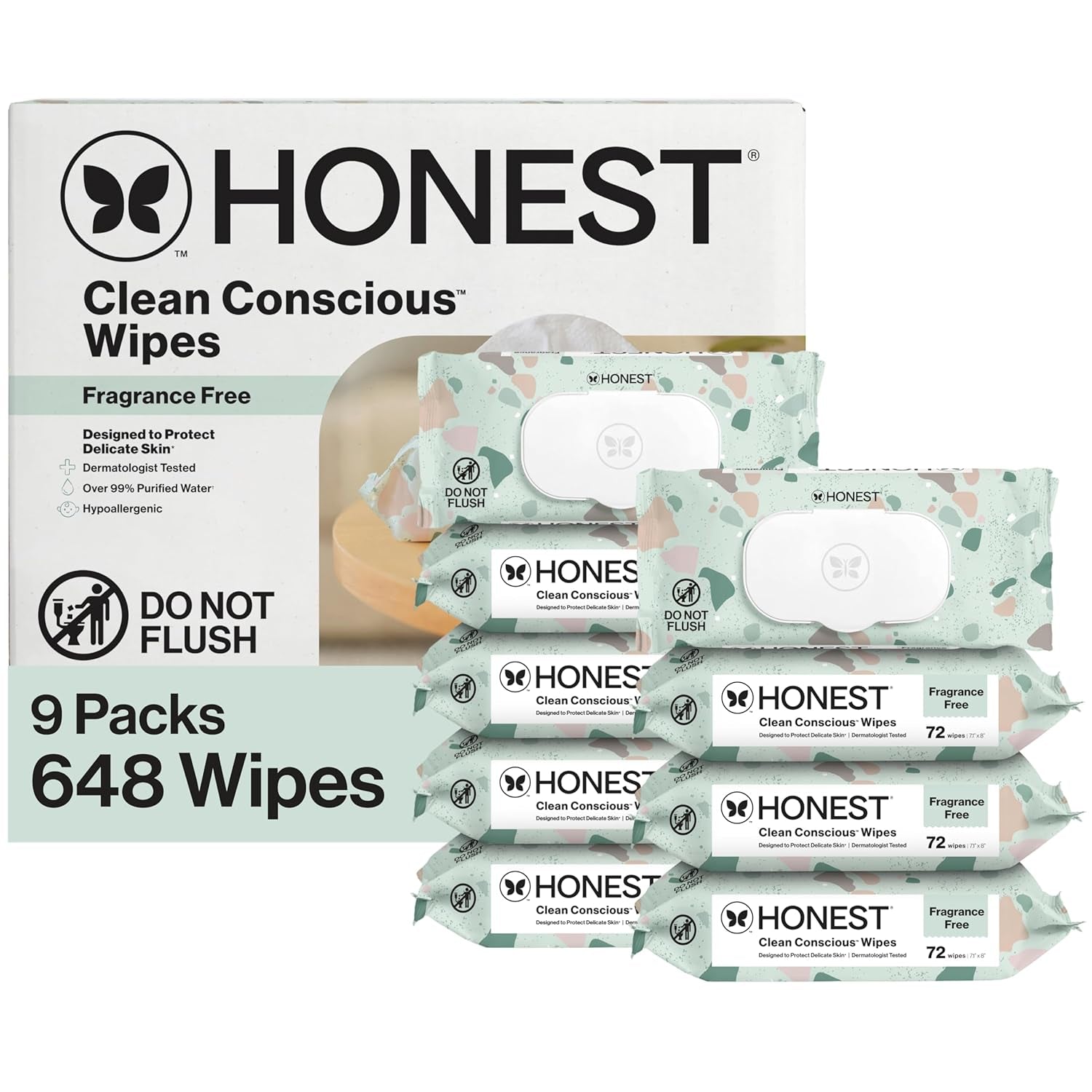The Honest Company Unscented Wipes over 99% Water Compostable Plant-Based Baby Hypoallergenic for Sensitive Skin EWG Verified Geo Mood 648 Count
