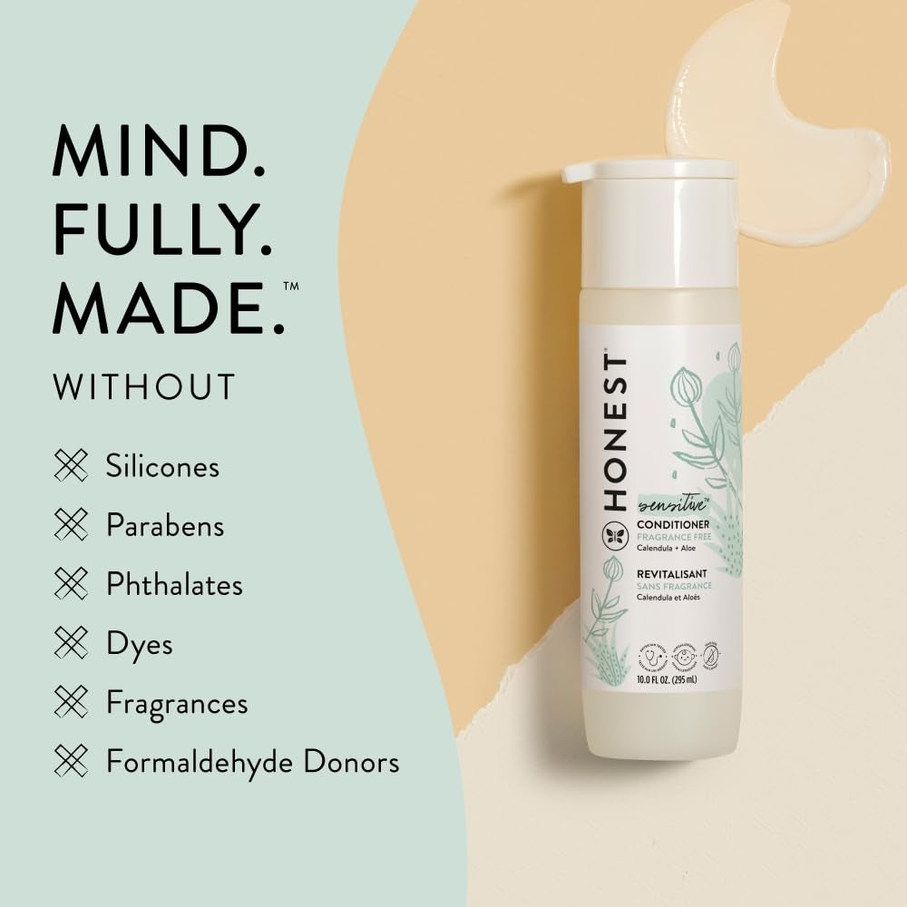 The Honest Company Silicone-Free Conditioner, Gentle, Hypoallergenic, Naturally Derived Ingredients, Fragrance-Free for Sensitive Skin, 10 Fl Oz