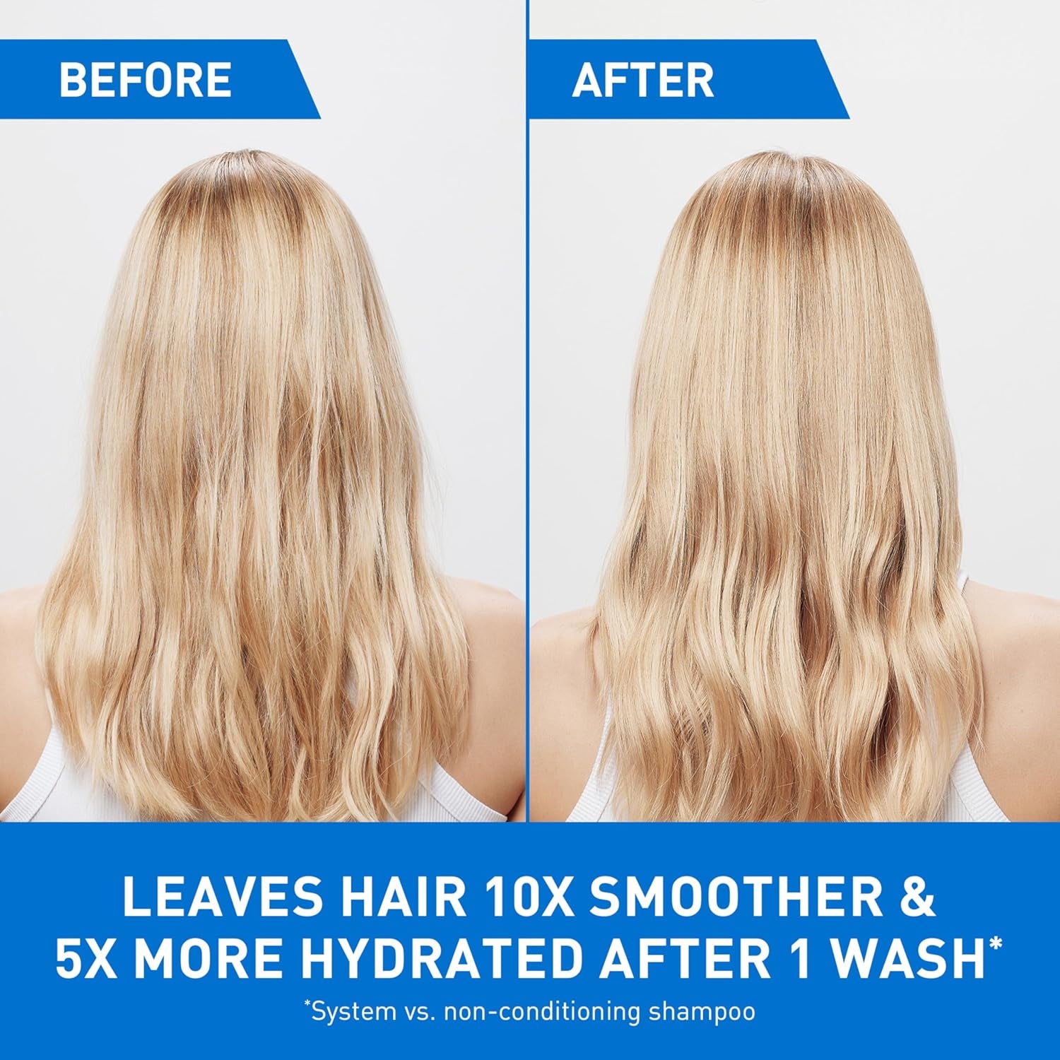 Before and after shot showing hair transformed by gentle hydrating hair conditioner for smoother and more hydrated results.