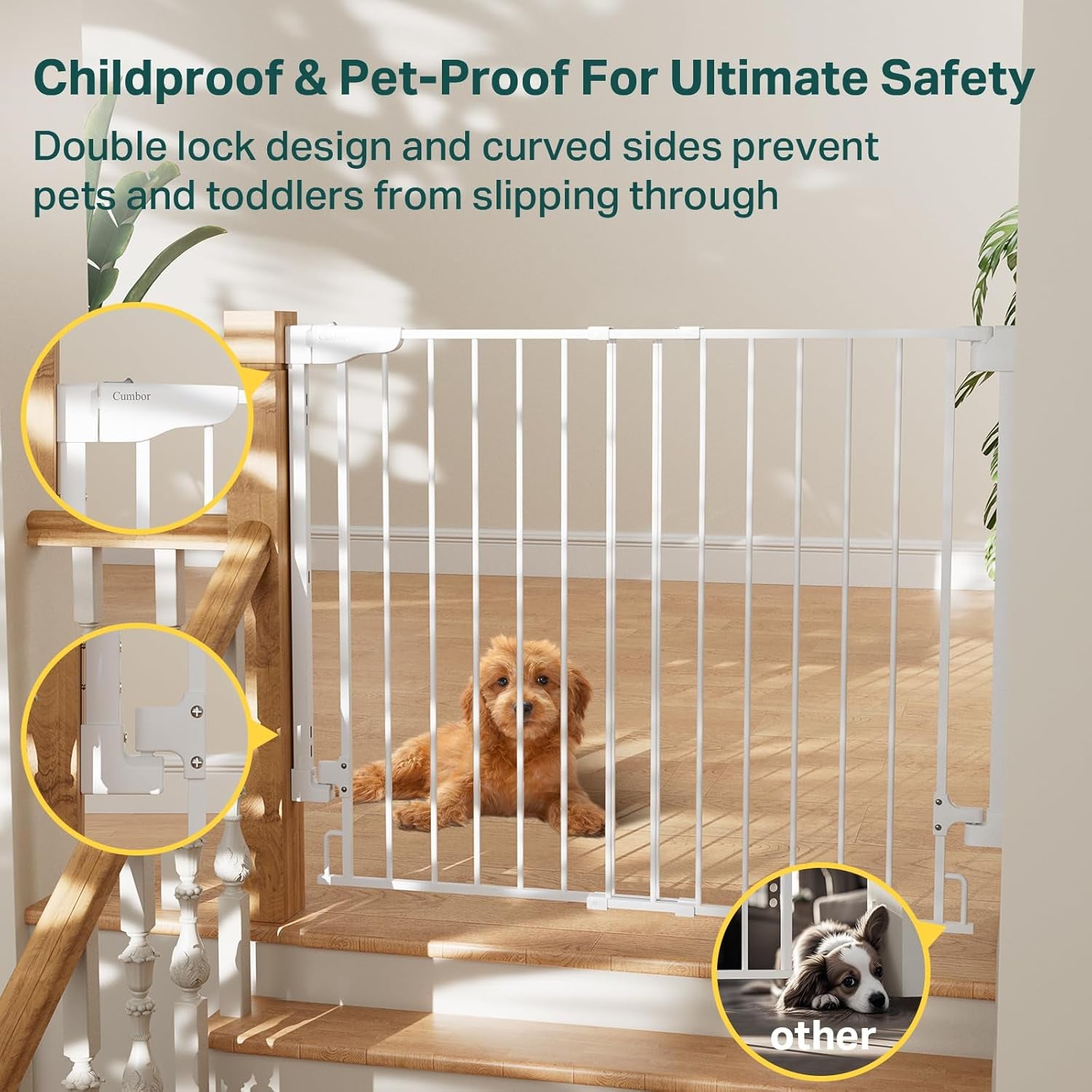 Cumbor 34" Extra Tall No Bottom Bar Baby Gate for Stairs, Hardware Mounted Dog Gate Indoor for Larger Pets, Expandable 29.2-43" Safety Gate for Doorways, Wide Walk Thru Door for Easy Access (White)