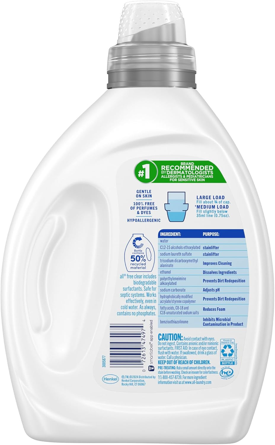Free Clear, Original, Liquid Laundry Detergent for Sensitive Skin, Unscented and Hypoergenic, Concentrated, 50Oz, 66 Loads
