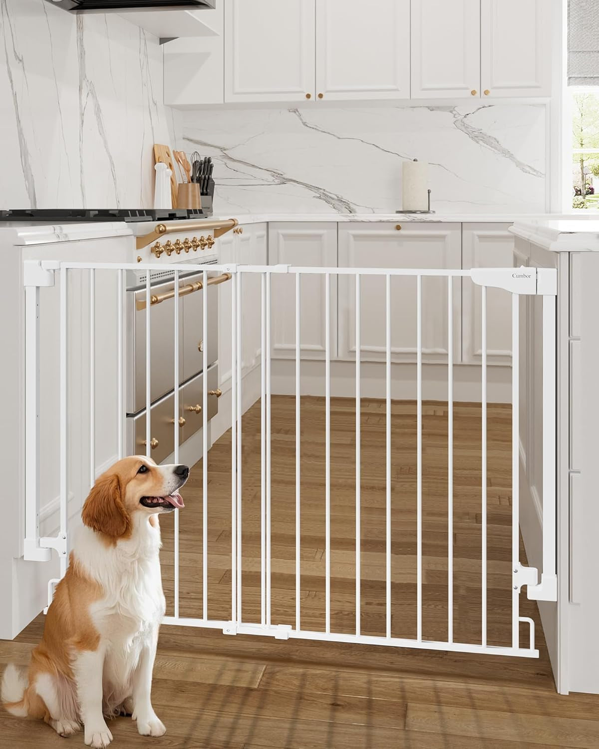 Cumbor 34" Extra Tall Baby Gate for Stairs, Hardware Mounted (Drill Required), Expandable 31.6-48" No Bottom Bar Dog Gate Indoor for Larger Pets, Large Walk Thru Door for Easy Access (White)