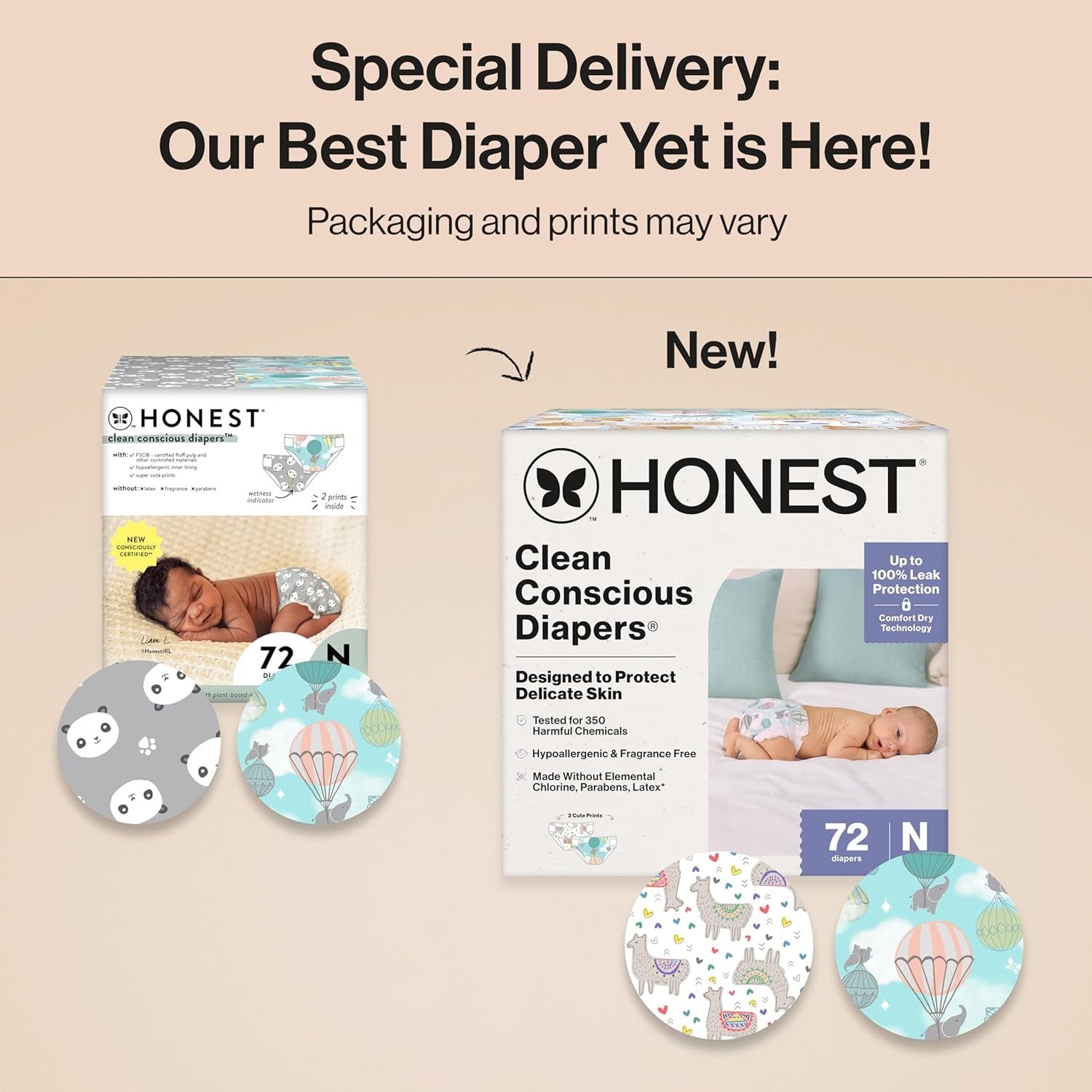 The Honest Company Comfort Dry Disposable Daytime Diapers for Sensitive Skin, Hypoallergenic, above It All + All the Alpacas, Club Box Size Newborn 72 Count