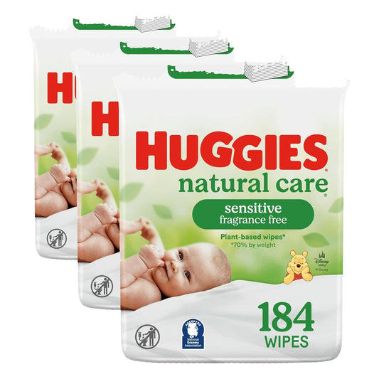 Huggies Natural Care Sensitive Baby Wipes, Unscented, Hypoallergenic, 99% Purified Water, 1 Refill (184 Wipes Total) (Pack of 3)