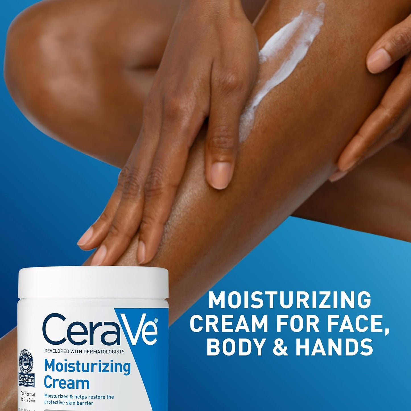 CeraVe fragrance free moisturizing cream applied to leg, highlighting hydration for face, body, and hands.