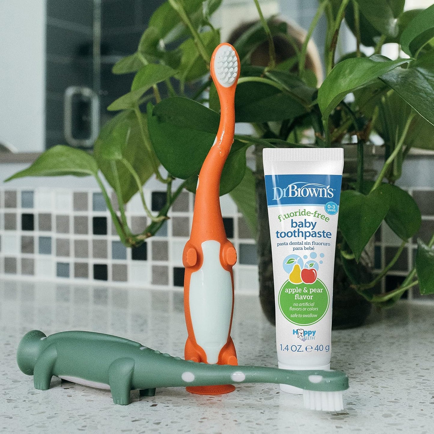 Baby and Toddler Toothbrush, Green and Orange Dinosaur 2-Pack, 1-4 Years