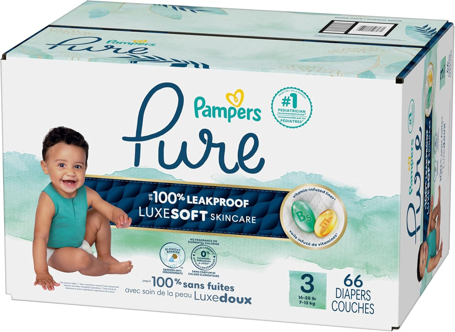 Pampers Pure Baby Diapers, Size 3 (16-28 Lbs), 66, up to 100% Leakproof, Premium Hypoallergenic Soft Diapers