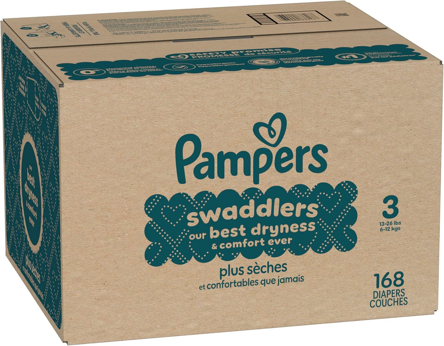 Pampers Swaddlers Diapers, Size 3 (13-26 Lbs), 168 Count, Absorbent, Keeps Baby Dry and Comfortable, Skin Safe Disposable Baby Diaper