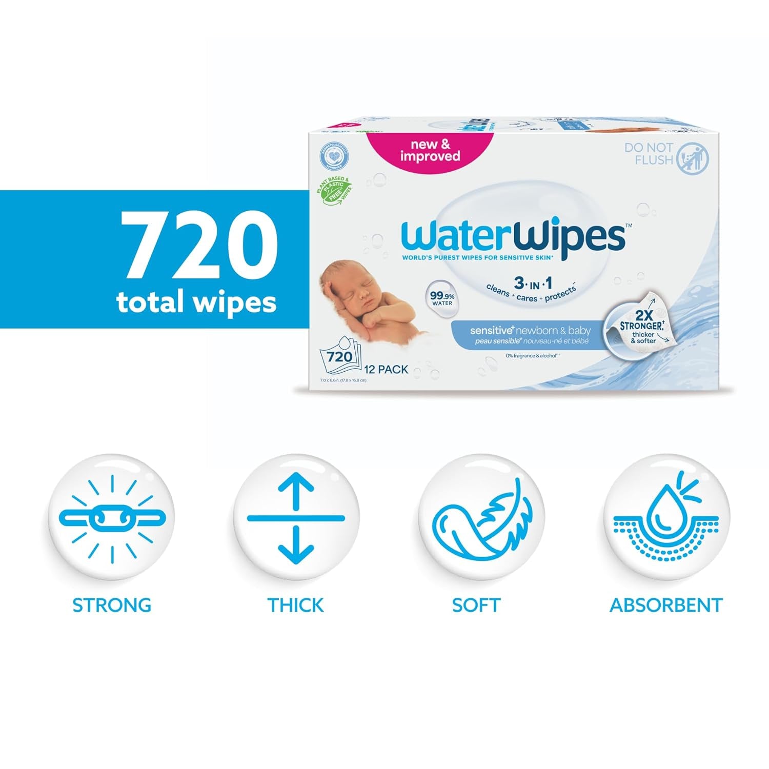 Waterwipes Sensitive+ Newborn & Baby Wipes, 3-In-1 Cleans, Cares, Protects, 99.9% Water, Unscented & Hypoallergenic, 180 Count (3 Packs)