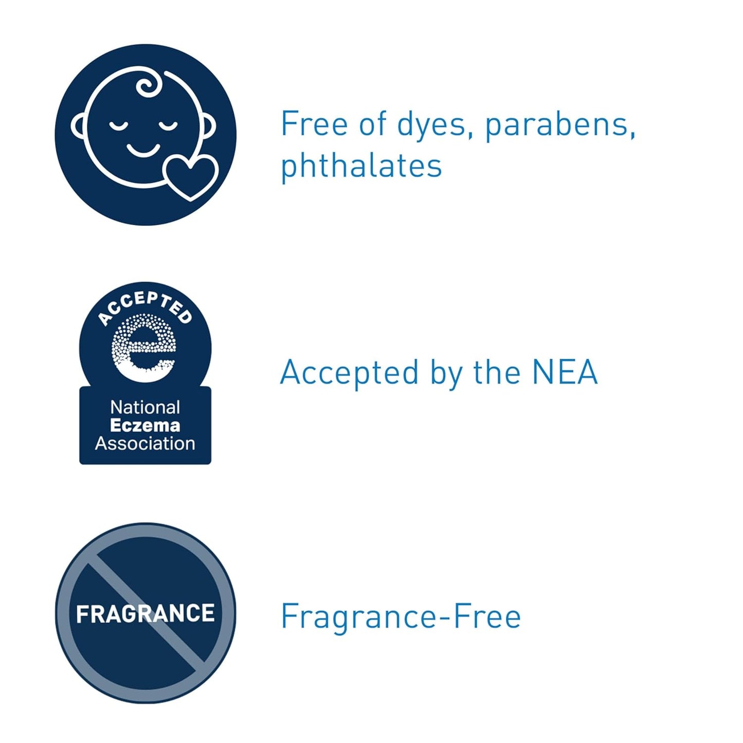 CeraVe Baby Cream features icons stating it's a gentle baby moisturizing cream free of dyes, accepted by NEA, and fragrance-free.