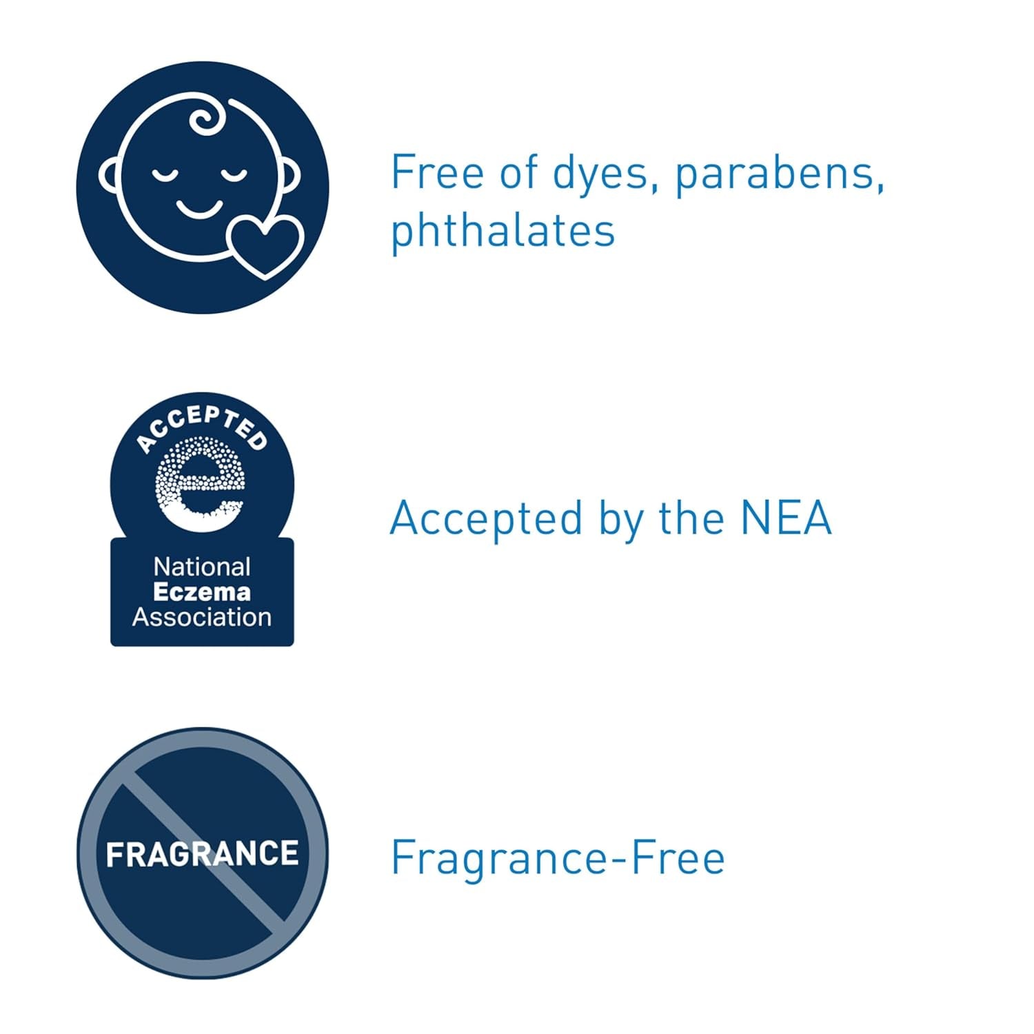 CeraVe Baby Cream features icons stating it's a gentle baby moisturizing cream free of dyes, accepted by NEA, and fragrance-free.